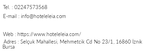 znik Eleia Hotel telefon numaralar, faks, e-mail, posta adresi ve iletiim bilgileri